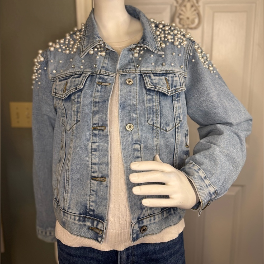 Personalized Pearl Studded Denim Jacket Size Large.